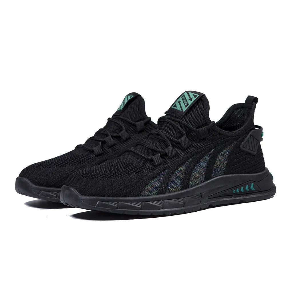 Men's low-top casual sneakers with mesh surface, striped pattern, and fat foot design in multiple colour options