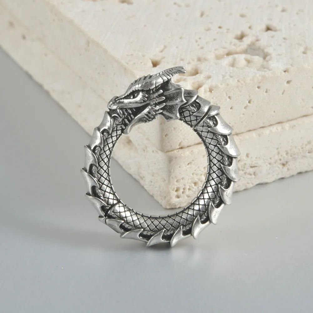 Retro geometric dragon-shaped hollow out earrings in antique silver finish, shown from the front.