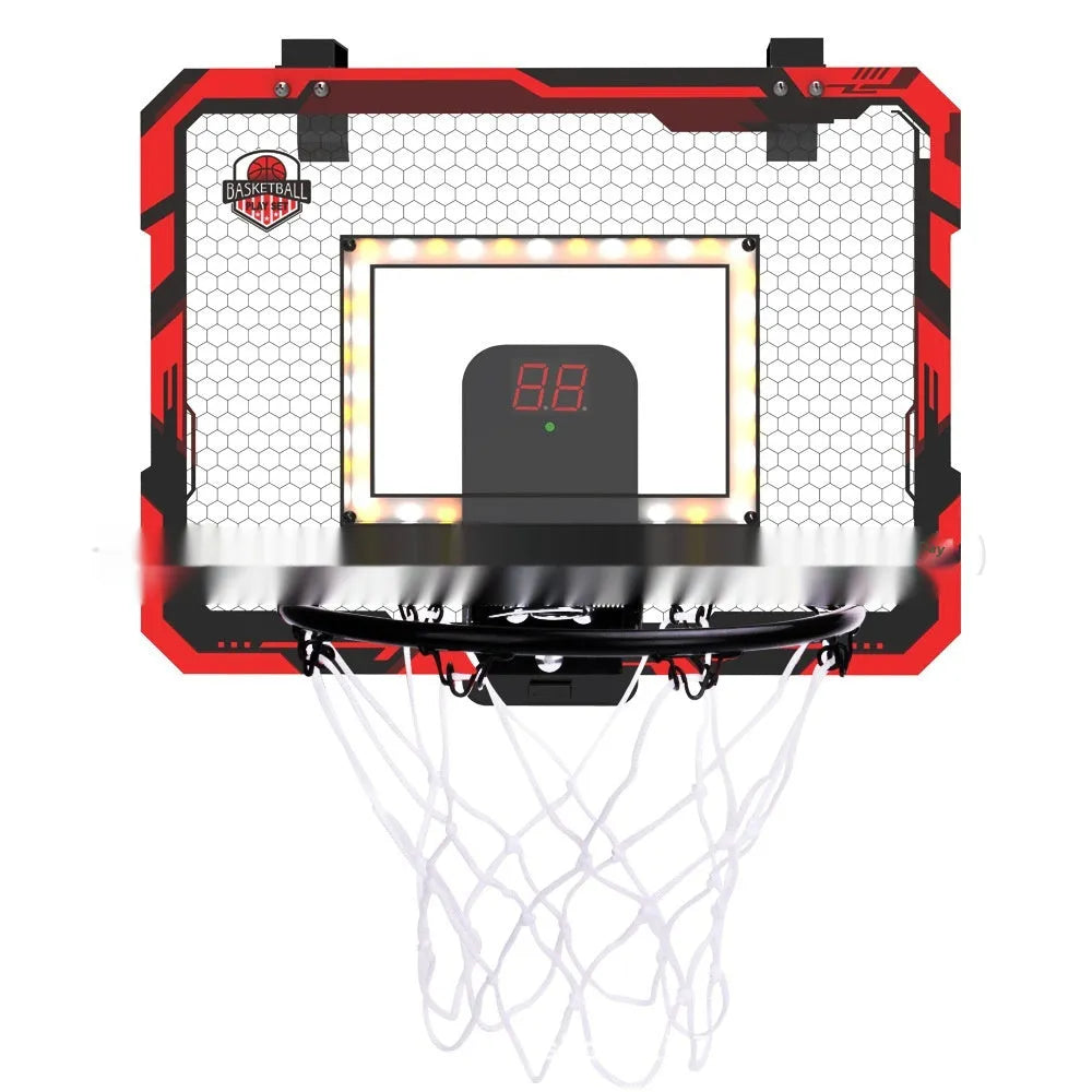Red and blue folding basketball frame with suction cups, shown as dunk scorer and ball rack.