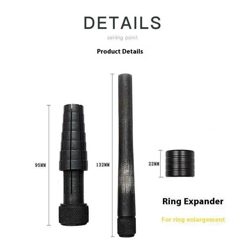 Ring expansion tool with stretcher mechanism and rubber hammer for jewellery size adjustment