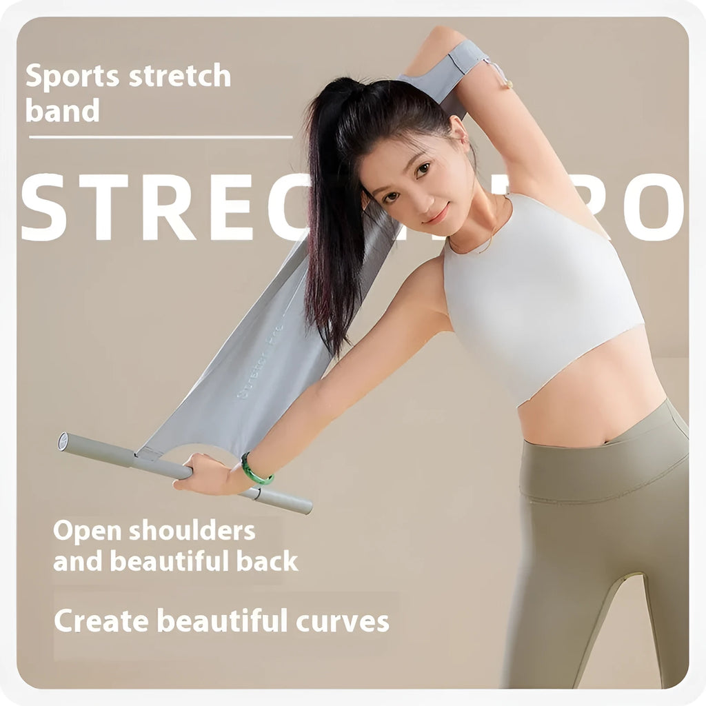 Grey and pink yoga stretching tool with iron frame and rubber grips for shoulder and back flexibility.