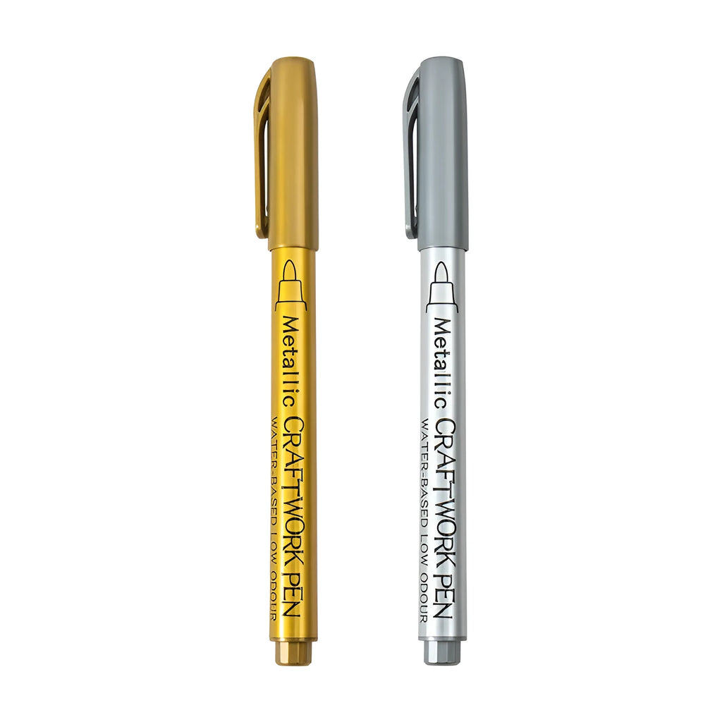 Pack of gold and silver metal paint marker pens with plastic shells for marking on metallic surfaces.