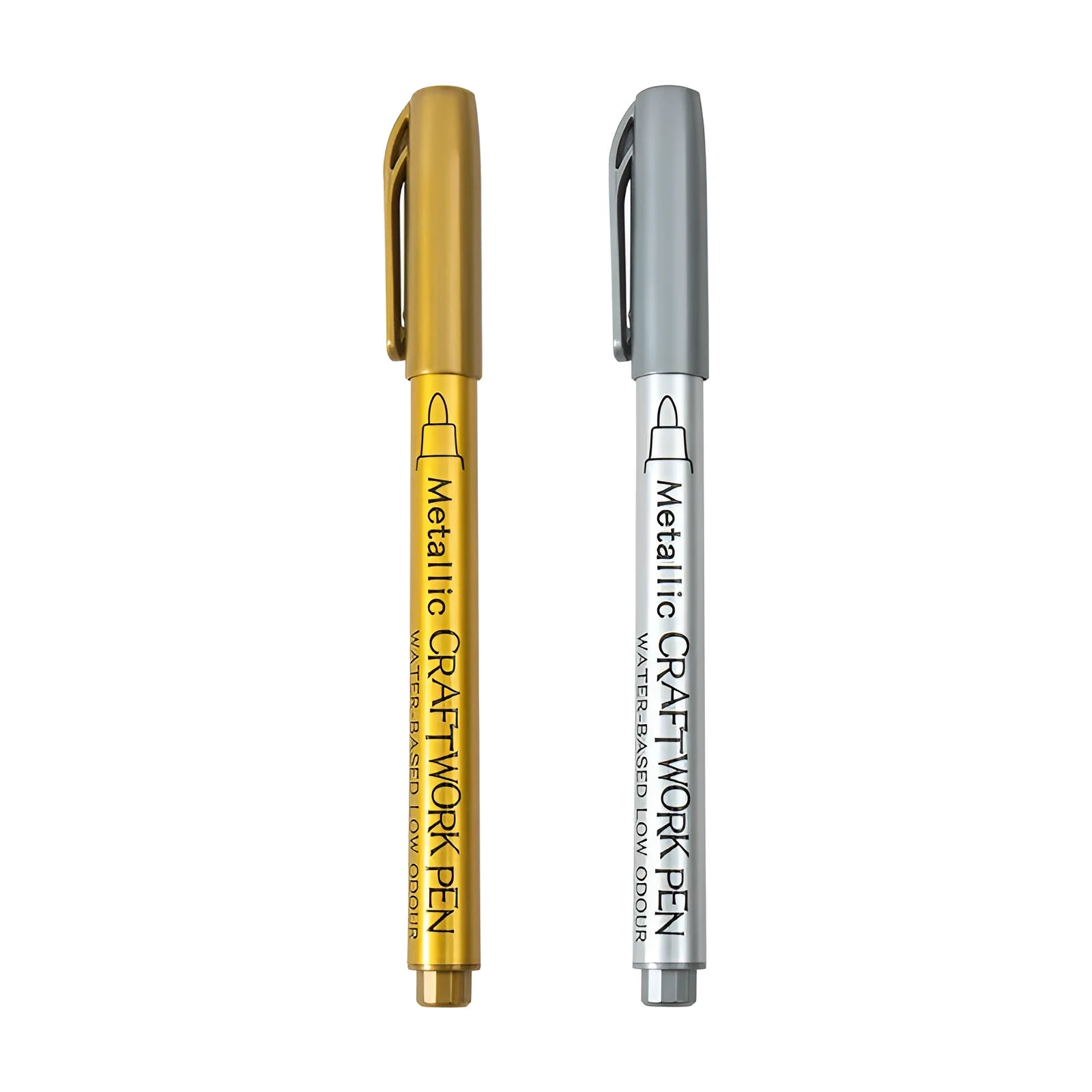 Pack of gold and silver metal paint marker pens with plastic shells for marking on metallic surfaces.