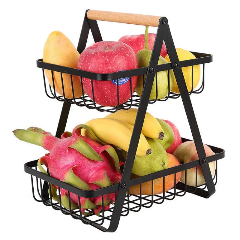 Black detachable iron double-layer fruit basket with wooden handle