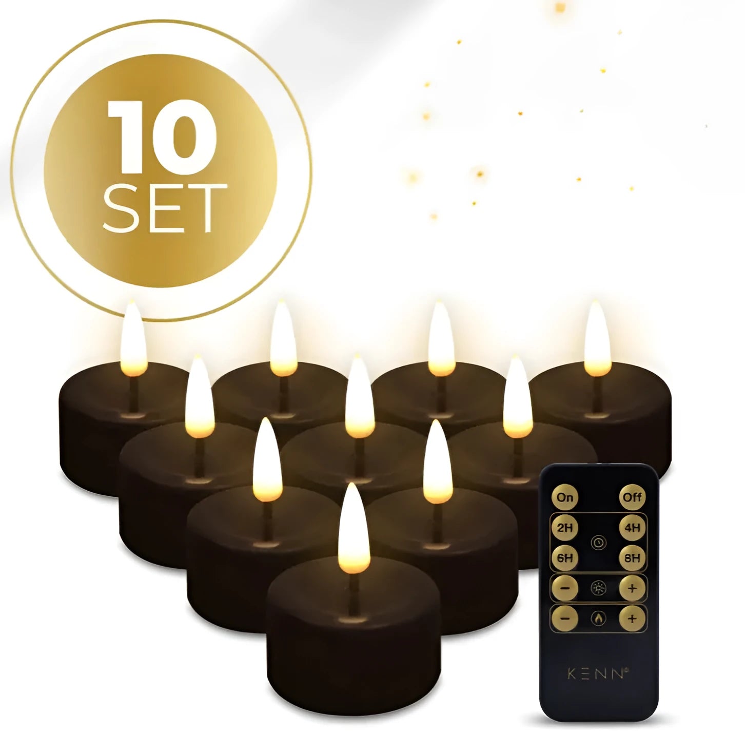Set of four black LED tealight candles showing flame-effect light.