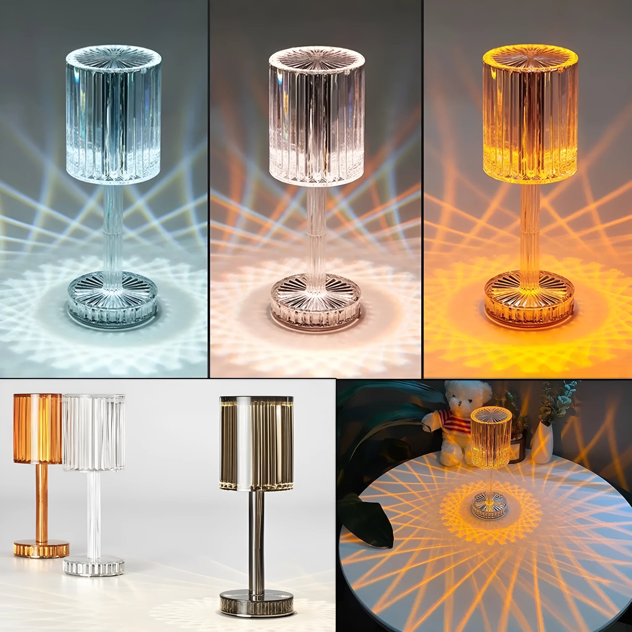 Modern crystal table lamp with transparent bead shade and metal stand on wooden surface