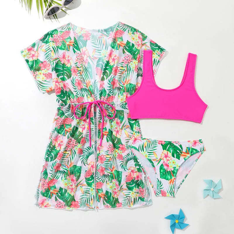 Girls' floral two-piece swimsuit in Korean style, sizes 130cm to 160cm.