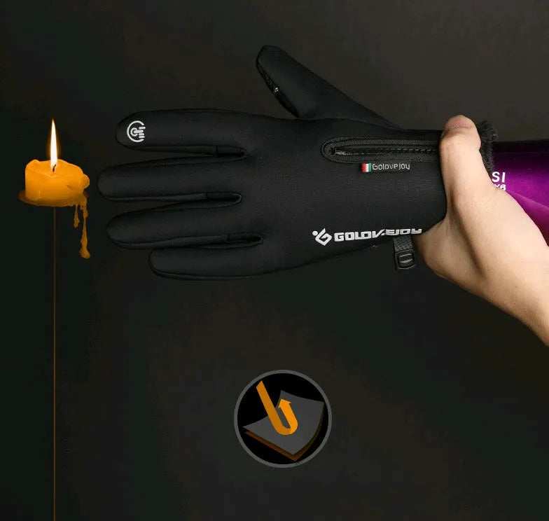 Winter thermal fleece motorcycle gloves with zipper and touch screen fingers on black background