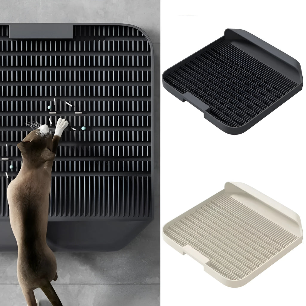 Large square black cat litter pedal mat with slanted design and textured grooves