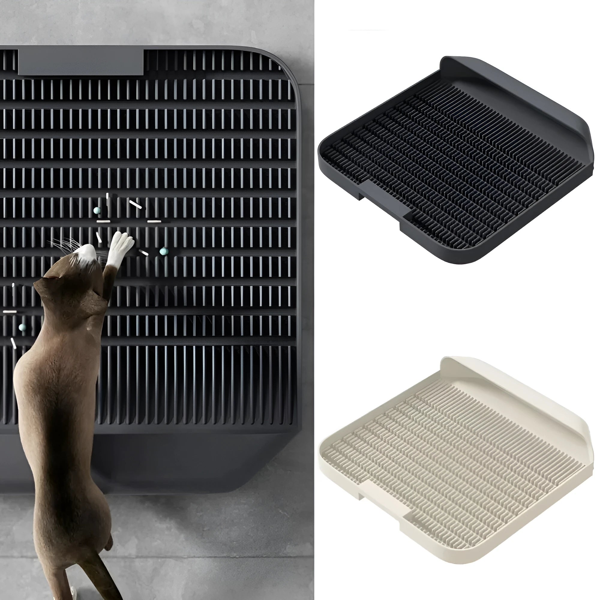 Large square black cat litter pedal mat with slanted design and textured grooves