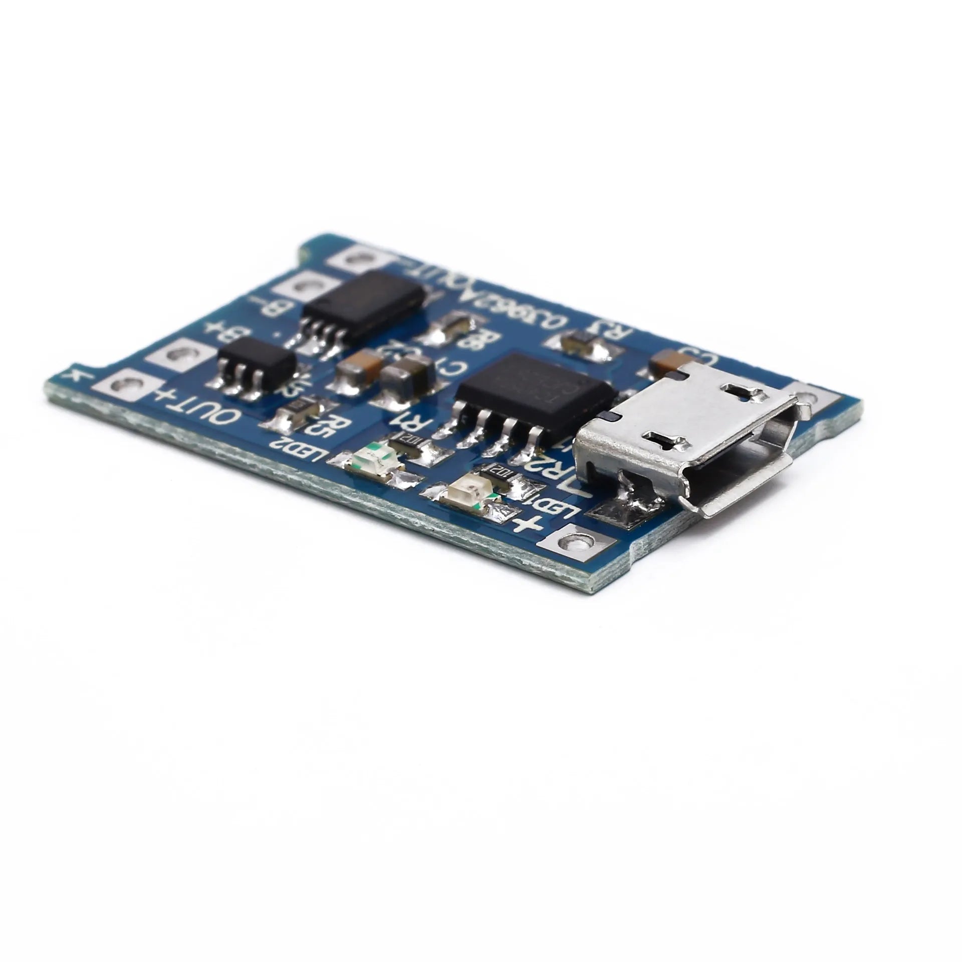 Small blue lithium battery charging and protection circuit board with solder pads, measuring 2.6 by 1.7 centimetres.