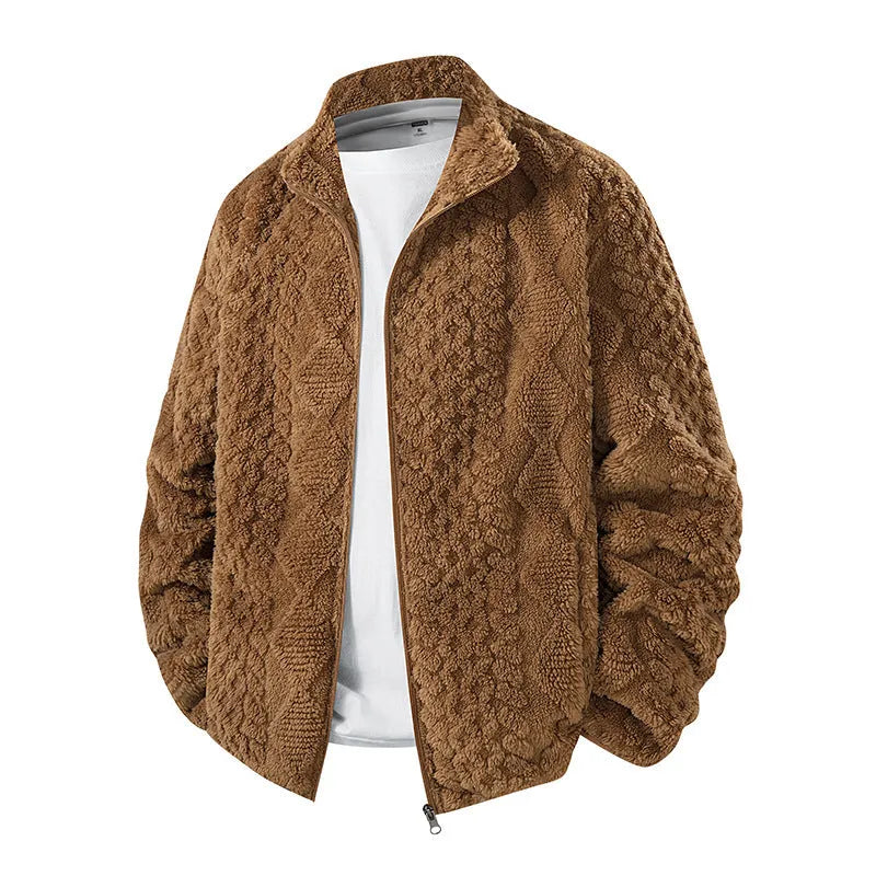 Fleece padded men's warm jacket in khaki with topstitching slit pocket, solid colour casual style
