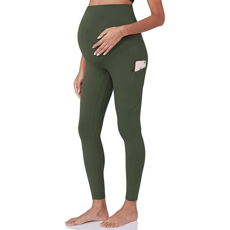 Antenatal yoga workout exercise pants in black, high elasticity polyester, tight fit with abdominal support