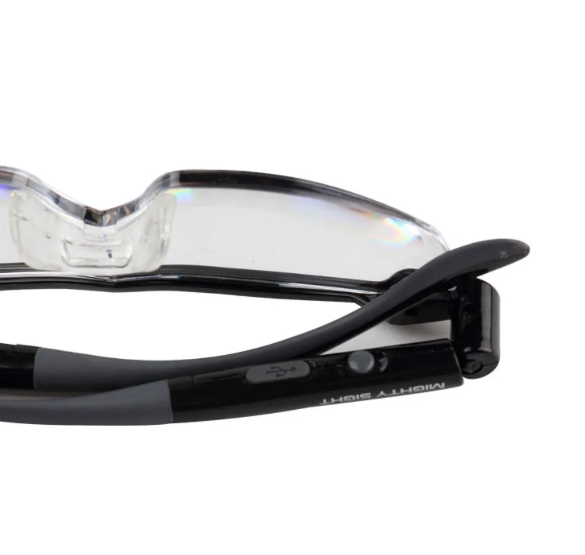 Transparent black USB LED reading glasses with integrated lights on the frame.