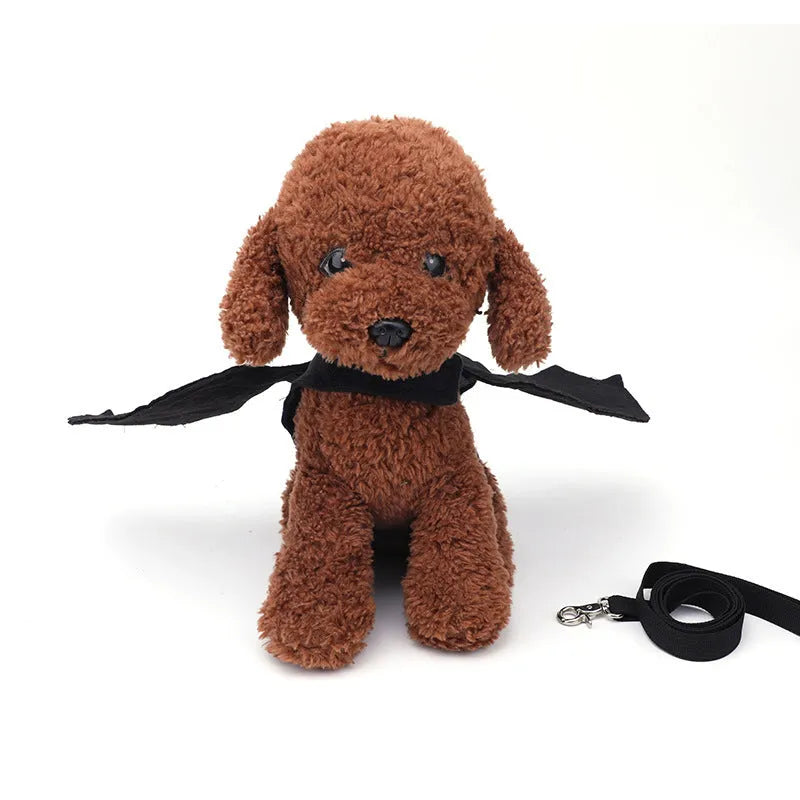 Black polyester bat wings costume for a dog, showing chest and back attachment.