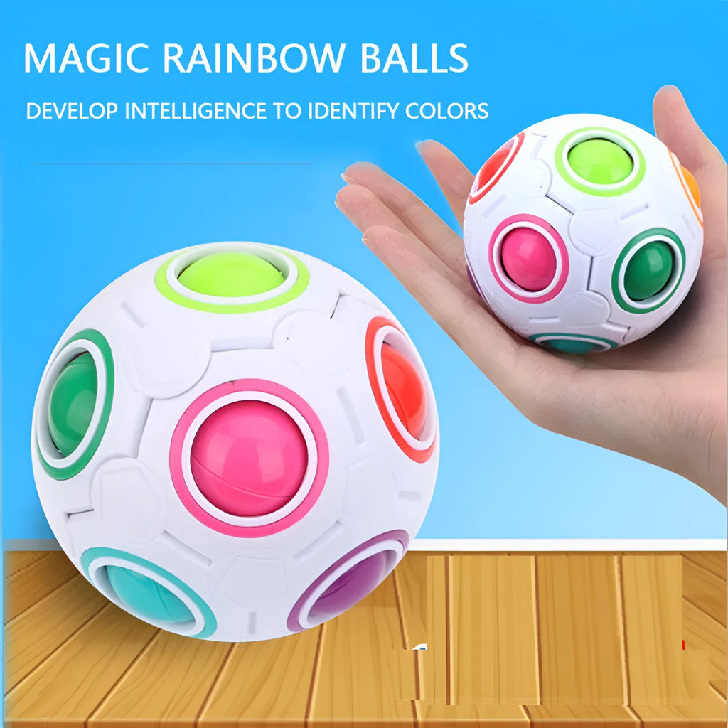 Rainbow coloured ball puzzle toy showing 11 moveable balls inside 7cm plastic sphere