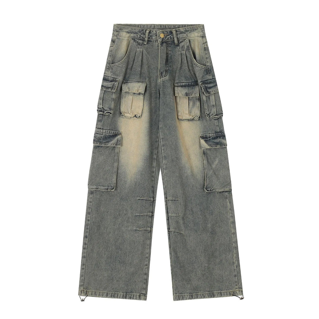 Men's light blue loose-fit distressed denim jeans with multiple pockets and straight-leg cut