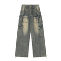 Men's light blue loose-fit distressed denim jeans with multiple pockets and straight-leg cut