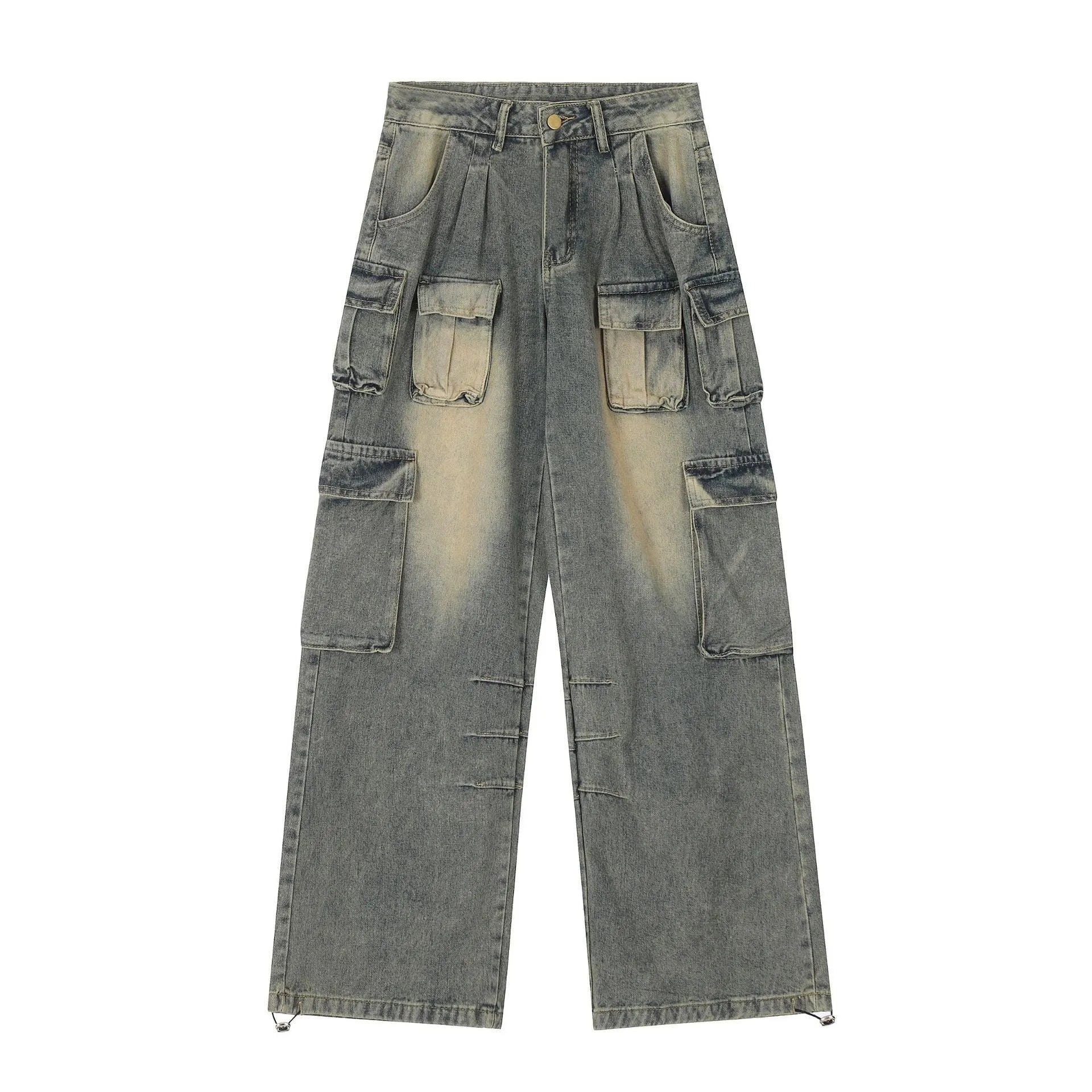 Men's light blue loose-fit distressed denim jeans with multiple pockets and straight-leg cut