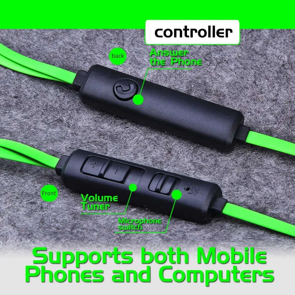 Shuangmai wired in-ear computer gaming headset in black, green, and red colours showing 1.5 cm cable.