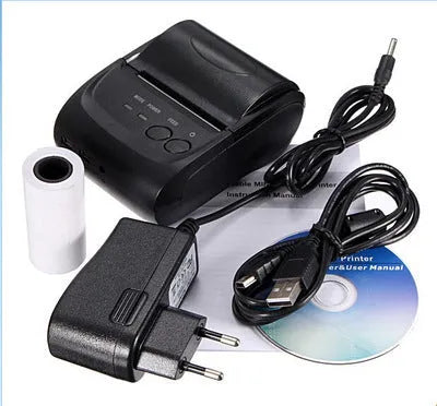 Dark gray portable Bluetooth thermal printer 104x75x45mm with USB and serial ports