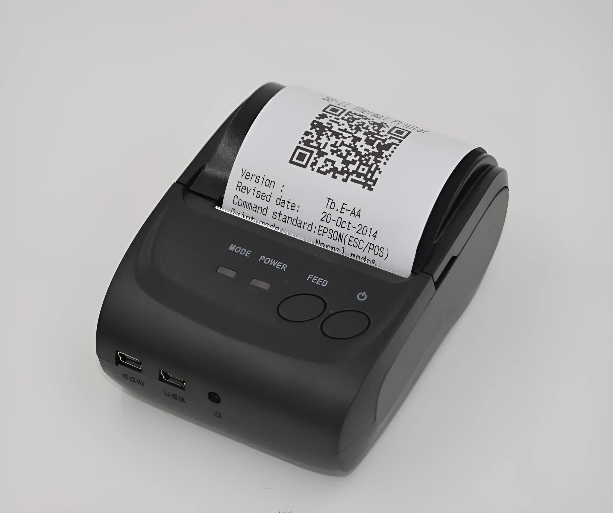 Dark gray portable Bluetooth thermal printer 104x75x45mm with USB and serial ports