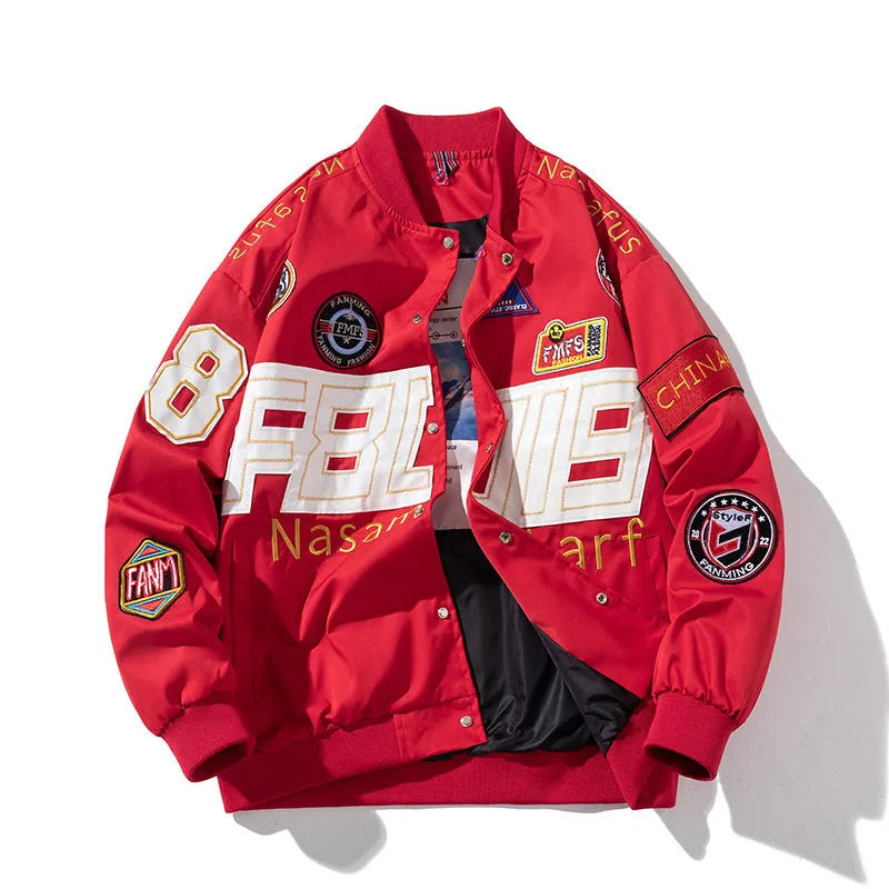 Black loose-fit motorcycle baseball jacket with detachable hood on a hanger