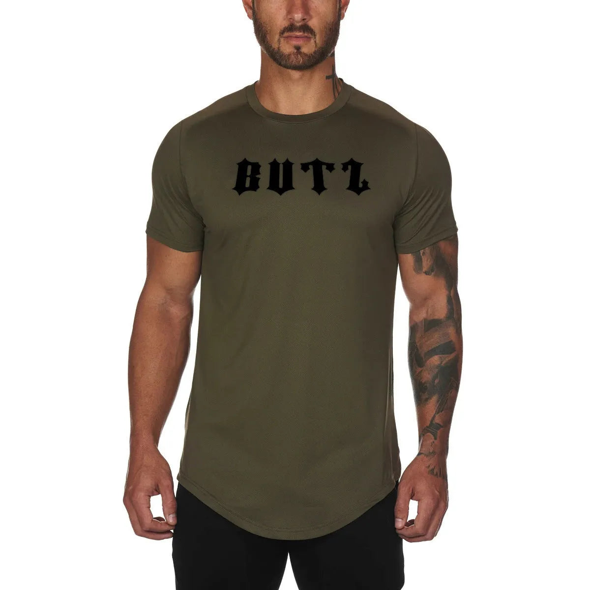 Custom mens fitness sports shirt in cotton-spandex blend, showing colour options: Army Green, Black, and White, some with a letter print.