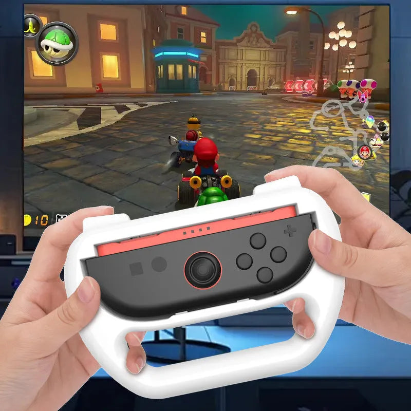 Pair of Switch2 controller grips in Black, Red and Blue, and White ABS plastic