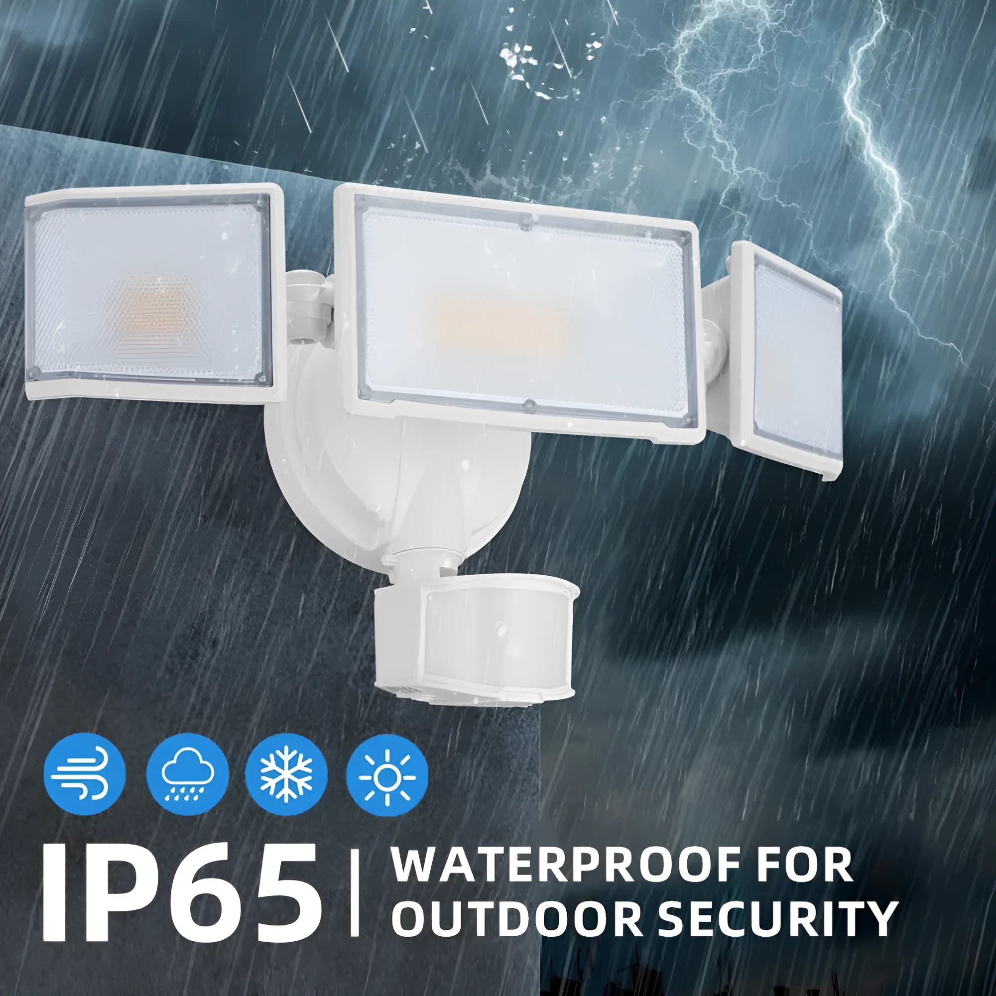 White LED security flood light with motion sensor mounted on an exterior wall.