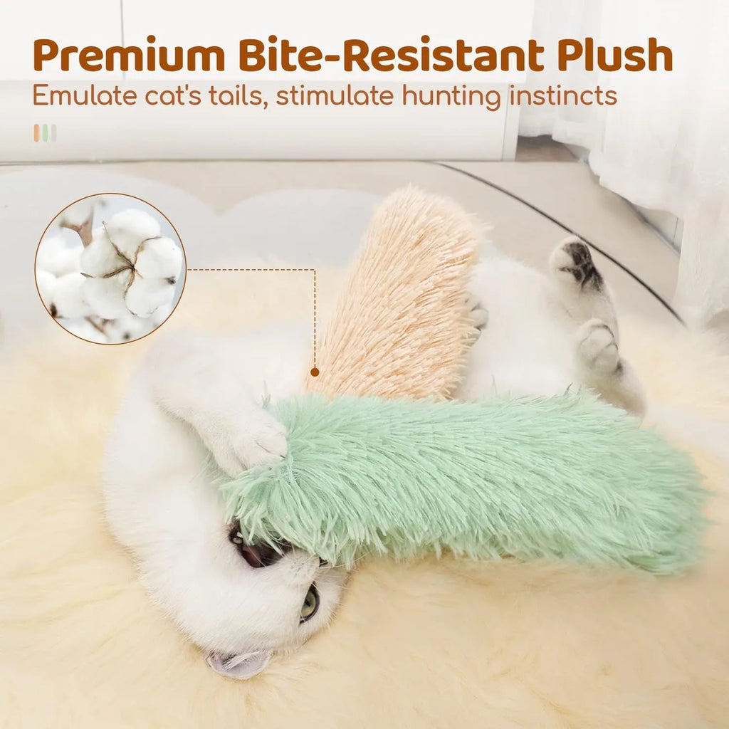 Plush cat toy pillow in green, white, blue, and pink colours measuring 27 by 10 centimetres