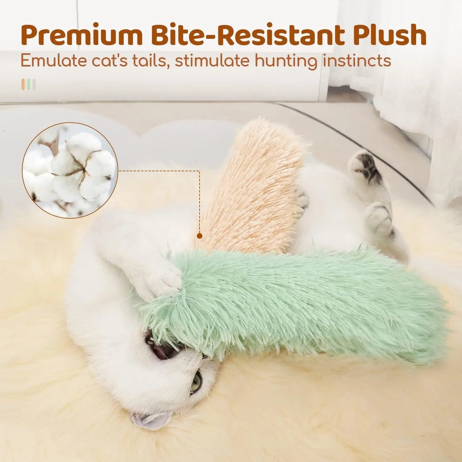 Plush cat toy pillow in green, white, blue, and pink colours measuring 27 by 10 centimetres