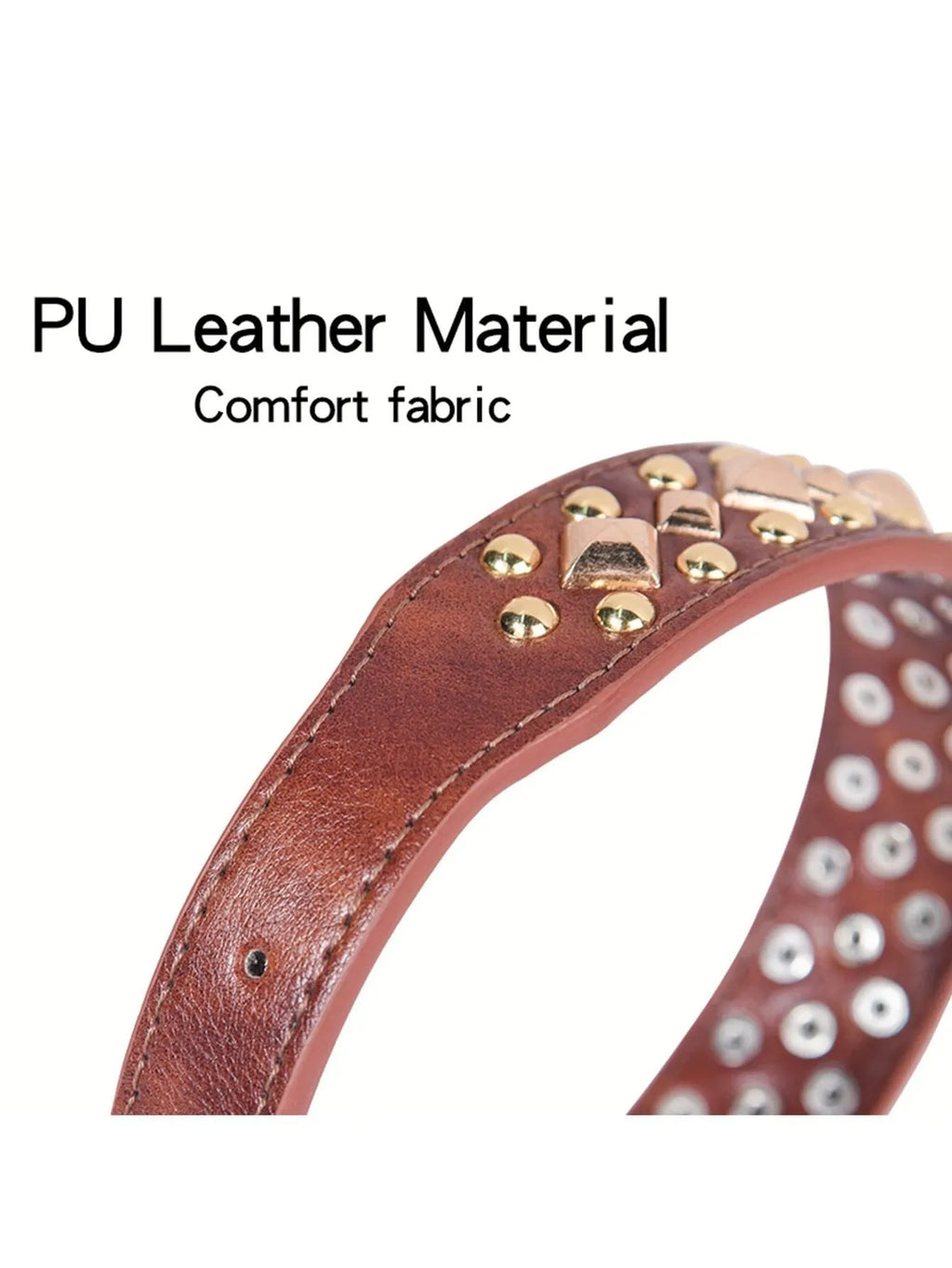 Rivet leather dog collar with golden rivet decoration in black on white background
