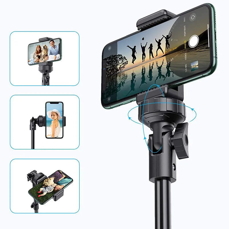 Black aluminium alloy selfie stick tripod compatible with iPhone in extended and collapsed positions