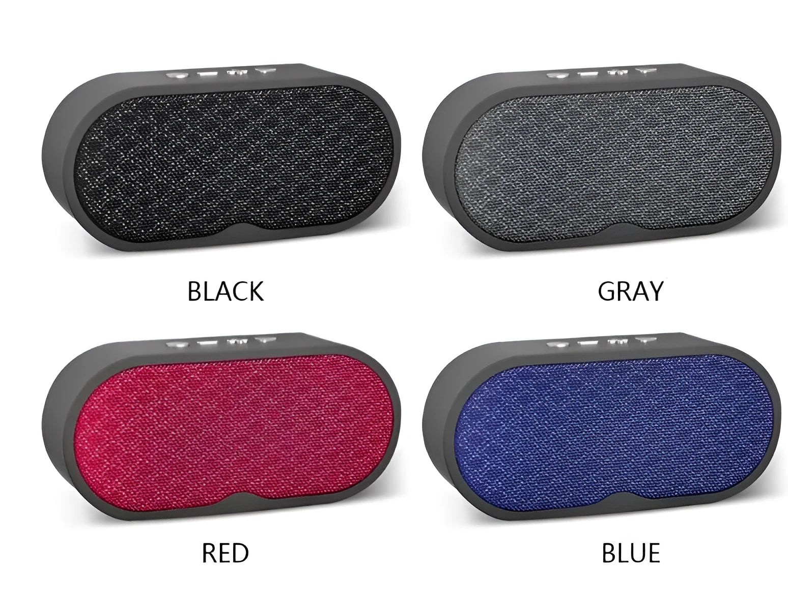 Portable grey Bluetooth wireless speaker with subwoofer and HD microphone on a table.