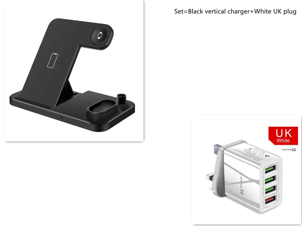 Black 4-in-1 wireless charging dock showing phone on adjustable stand, Apple Watch, AirPods, and Apple Pencil charging simultaneously.