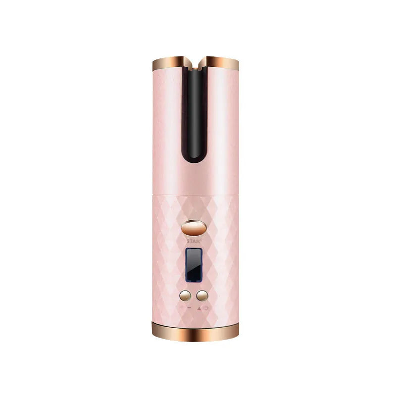 White portable USB charging mini curling iron with gold ceramic barrel on a table.