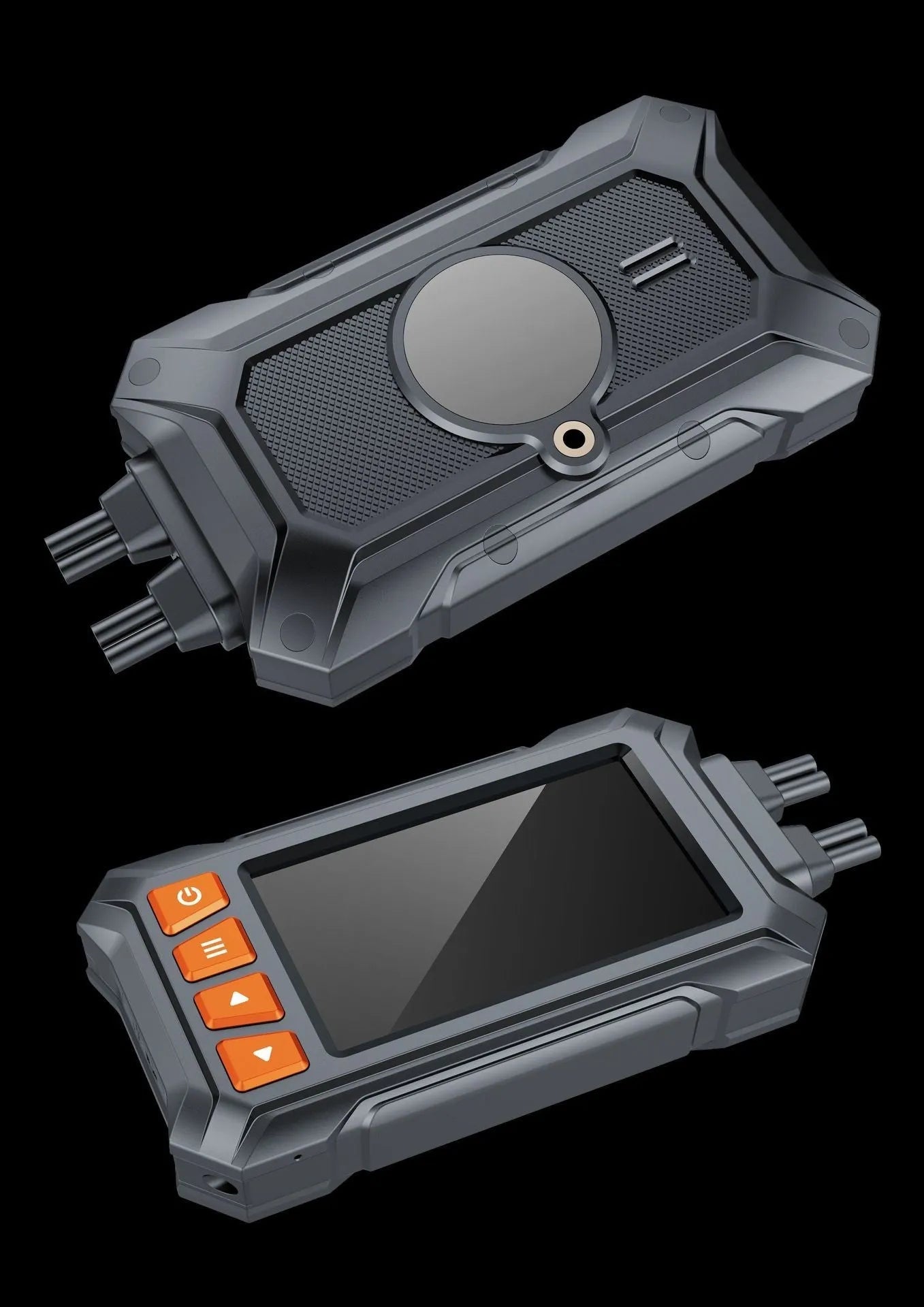 3 inch waterproof motorcycle tachograph dash cam with dual lenses, GPS module, and power cables on a handlebar.
