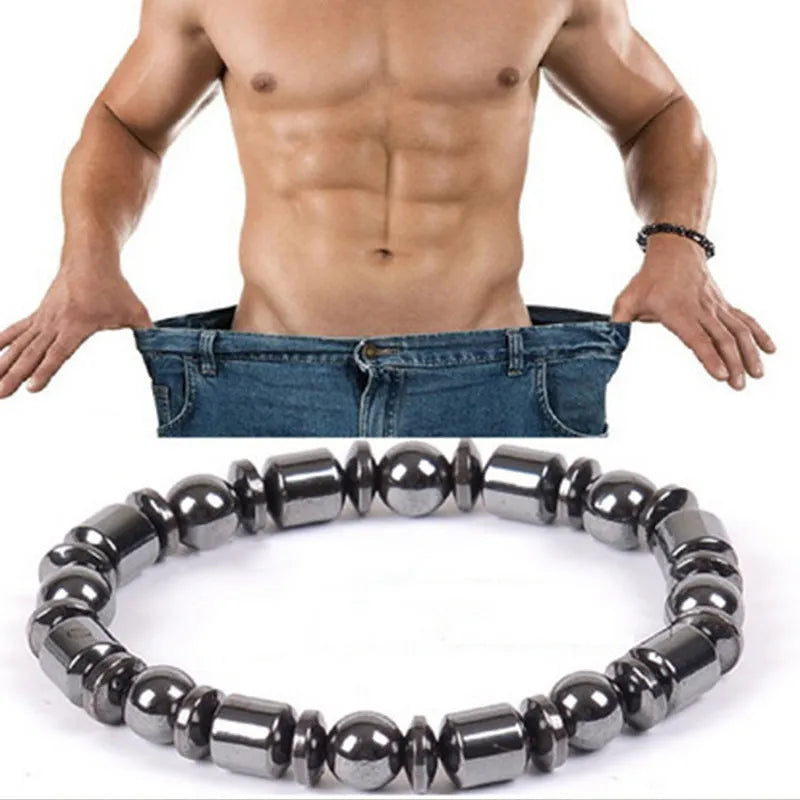 Black stretch magnetic therapy bracelet with pentagram magnetite and hematite stones for women and men