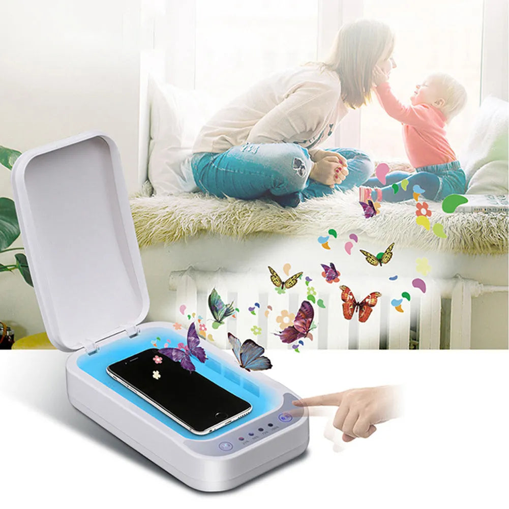 A compact blue and white UV disinfection box open, showing the interior chamber sized for a mobile phone.