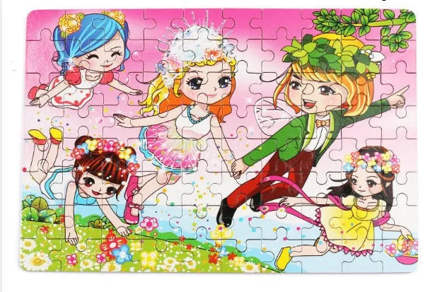 Wooden jigsaw puzzle with 80 pieces for children, featuring animal and school themes in an iron box.
