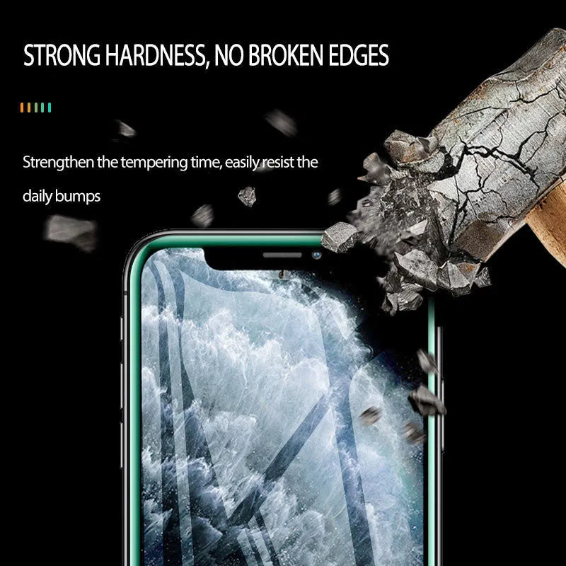 Luminous tempered glass screen protector for iPhone with glowing edges in dark setting