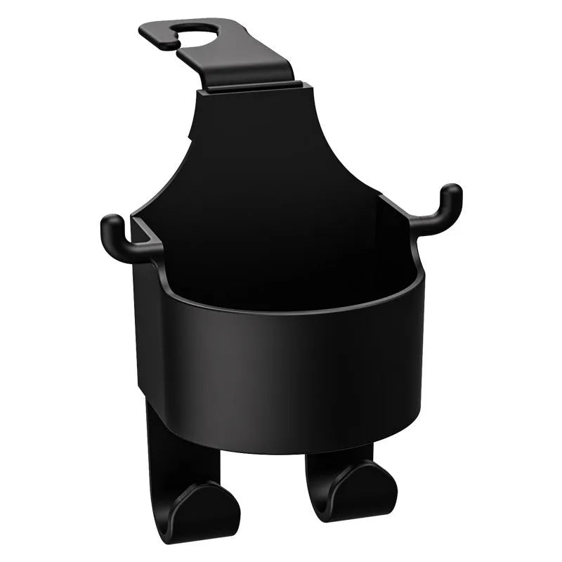 Black plastic car seat back hook organiser with a cup holder and a separate hanging hook.
