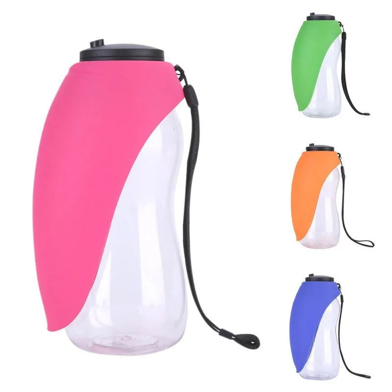 Blue plastic dog water bottle with built-in drinking bowl showing 680ml capacity and key lock mechanism