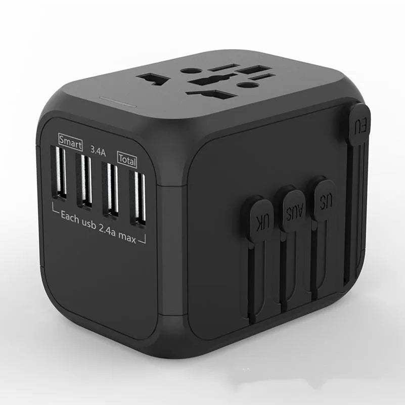 Black six-port universal travel adapter for converting UK plugs to international sockets.