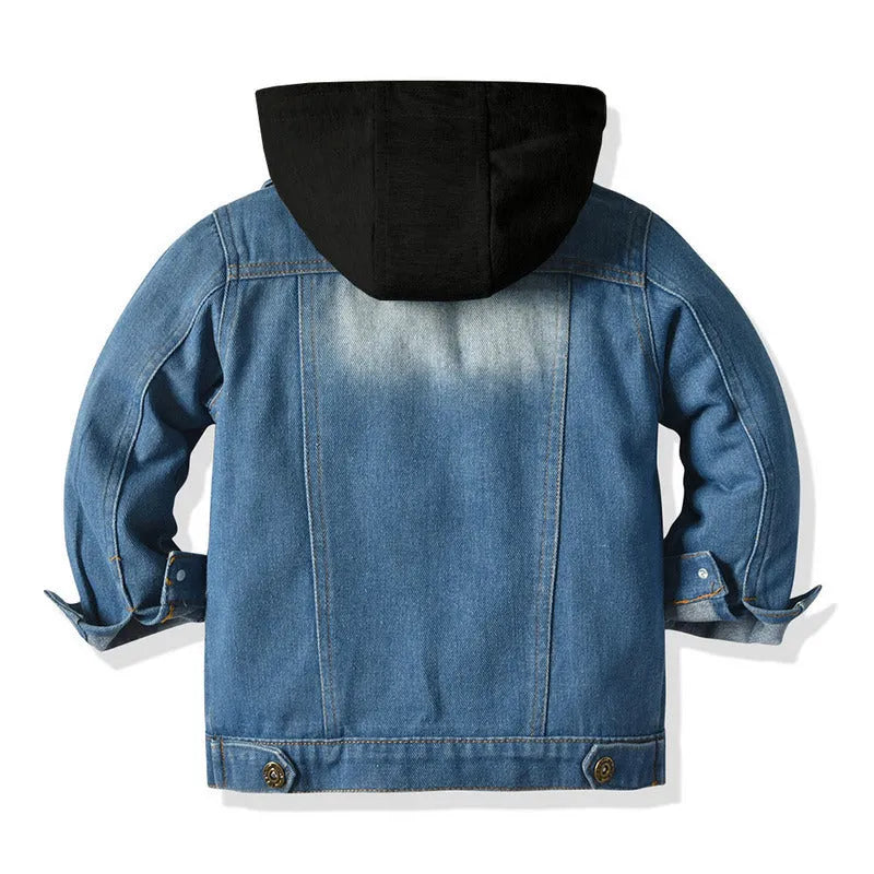 Children's black hooded casual jacket with fake two-piece denim styling and lapel collar