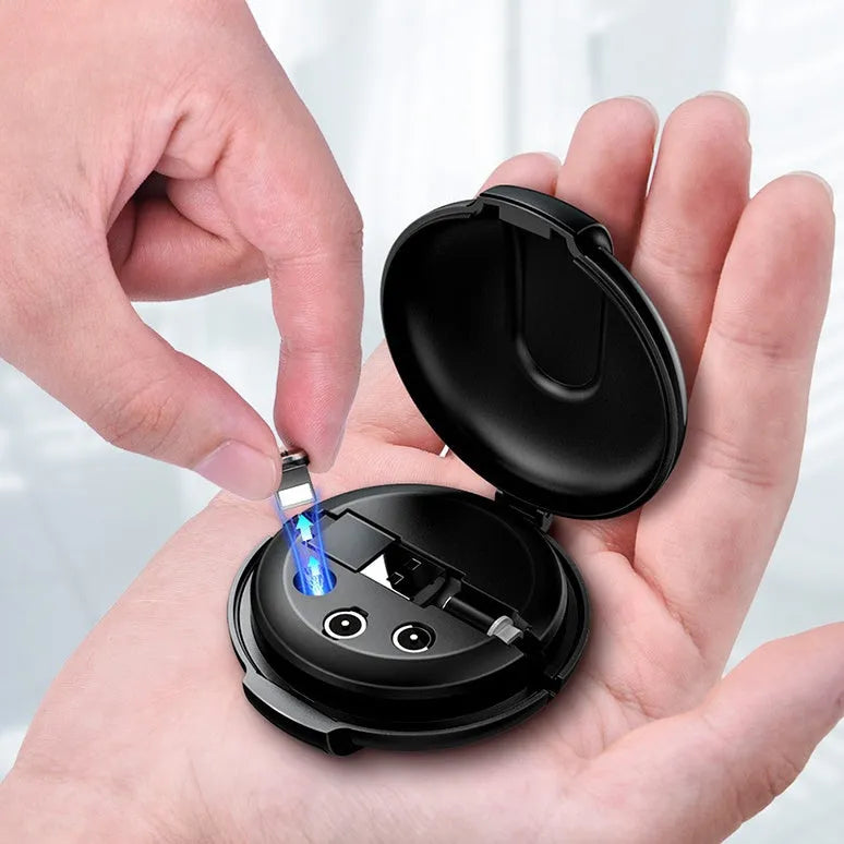Black 3-in-1 magnetic retractable car charger with phone bracket and charging cable