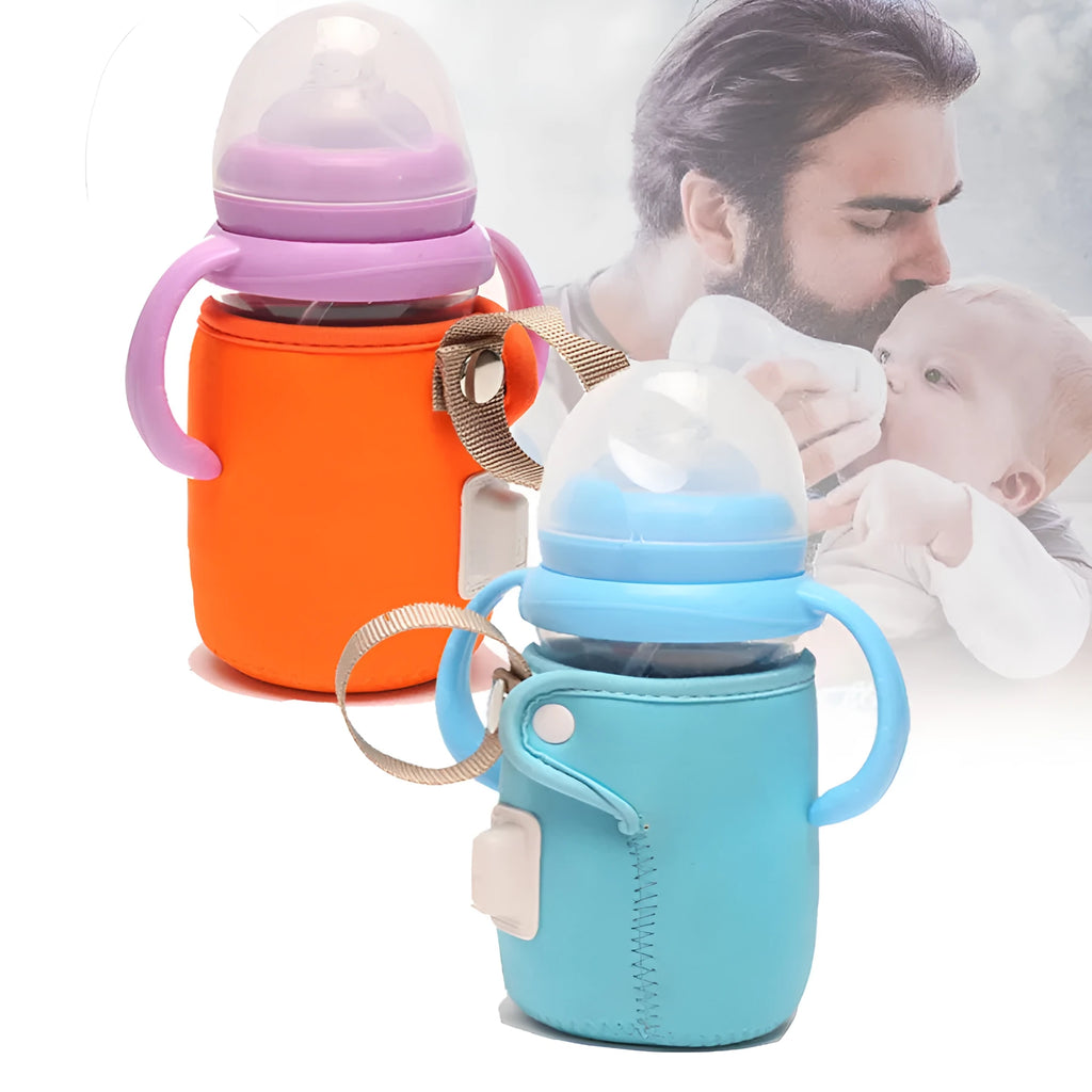 Long blue insulated cotton USB baby bottle warmer wrapped around a feeding bottle.