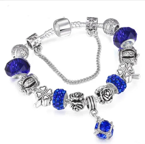 Multi-strand beaded bracelet with alloy, glazed, and crystal beads in six colour options and 18-21cm lengths