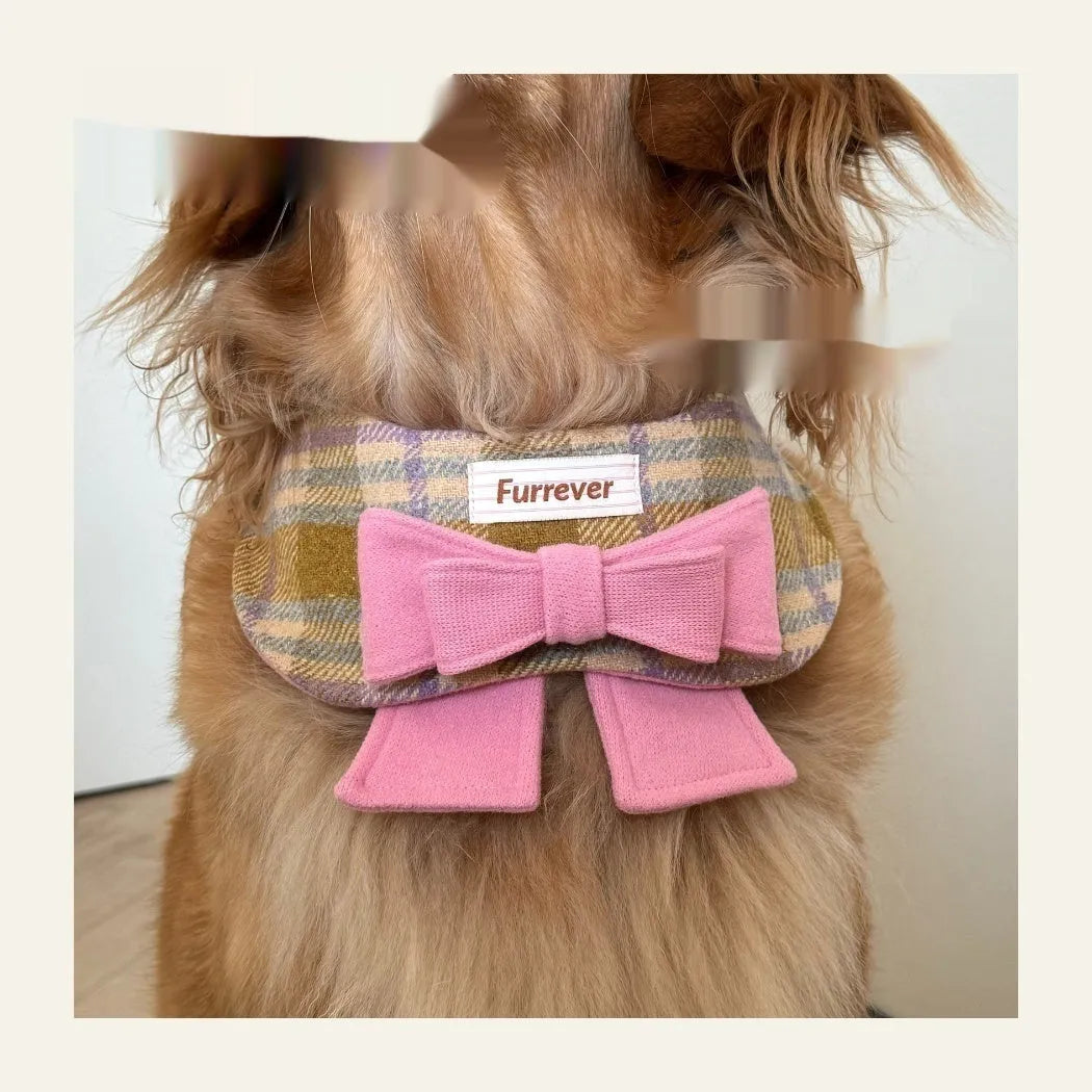 My Maillard Puppy Bow Bib in Maillard Gift colour, adjustable polyester dog feeding collar with decorative bow, size options from Mini to XL